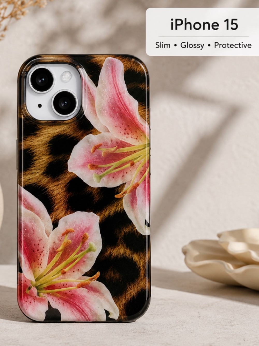 Leopard Print Lily Flower Phone Case for iPhone 15
